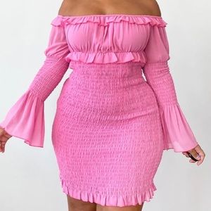 PrettyLittleThing Plus Pink Chiffon Shirred Bodycon Dress